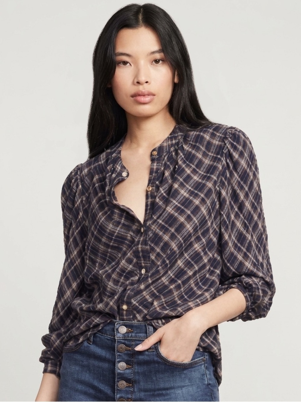 VERONICA BEARD $380 • 19” PTP • plaid button up blouse western coastal cowgirl - Picture 8 of 8